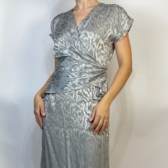 Vintage 80s SILKY Silver Faux Wrap DISCO Dress! Medium - Picture 6 of 7